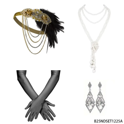 PESENAR 1920s Black Gold Party Four Piece Set, including headband, pearl necklace, earrings, and long gloves.