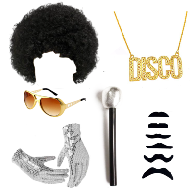 70s Disco Costume Set with Afro Wig AND Disco Necklace for Retro Themed Parties