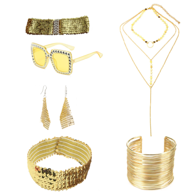 70s Disco Gold Costume Set with Sunglasses and Jewelry for Retro Themed Parties