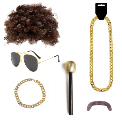 70s Disco Costume Set with Afro Wig and Gold Chain for Retro Themed Parties