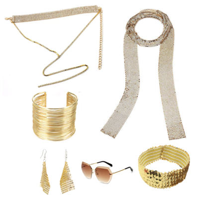70s Disco Gold Costume Set with Scarf and Jewelry for Retro Themed Parties