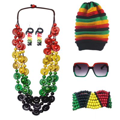 Jamaica Rasta Costume Set with Beanie Sunglasses and Necklace for Reggae Parties